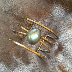 Cuff Bracelet with Green Rhinestone, Gold Colored